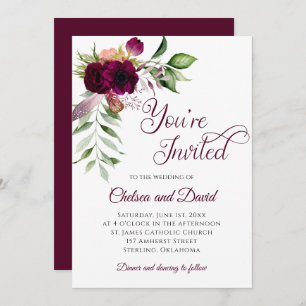 Bohemian Burgundy Feather Wedding Announcement