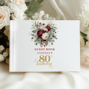 Bohemian Burgundy Floral 80th Birthday Guest Book