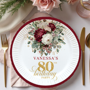 Bohemian Burgundy Floral Gold 80th Birthday Paper Plate