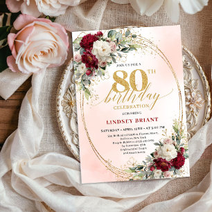 Bohemian Burgundy Floral Milestone 80th Birthday Invitation