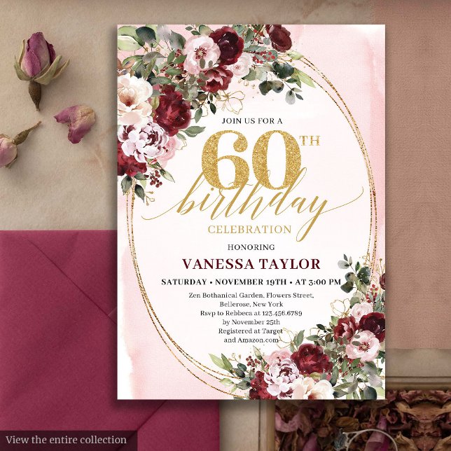 Bohemian Burgundy Gold Floral 60th Birthday Invite (Bohemian Burgundy Gold Floral 60th Birthday Card)