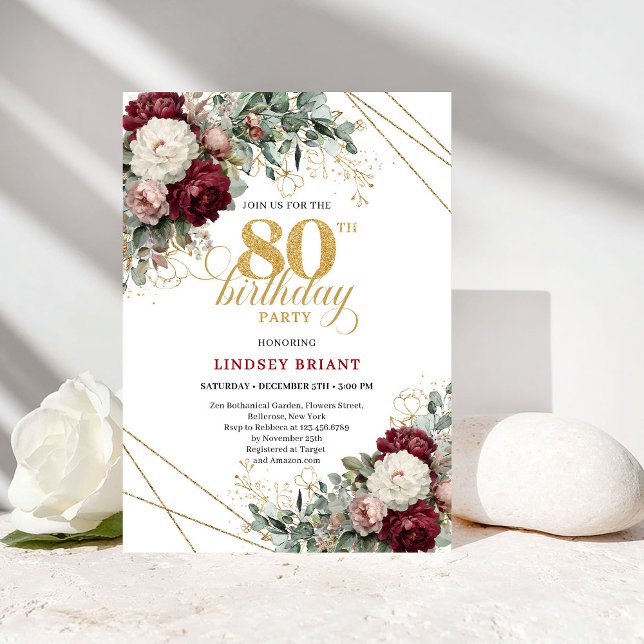 Bohemian Burgundy Gold Floral 80th Birthday Invitation (Bohemian Burgundy Gold Floral 80th Birthday)