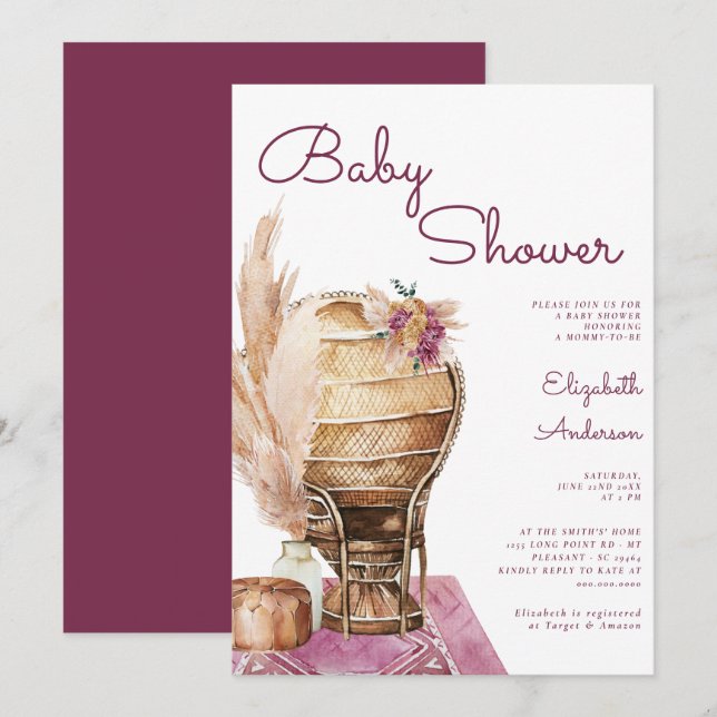 Bohemian Burgundy Pampas Boho Baby Shower Invitation (Front/Back)