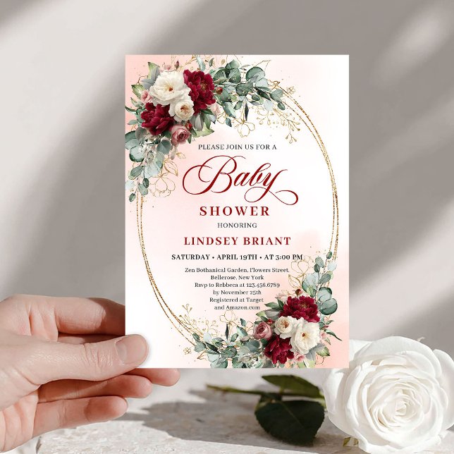 Bohemian Burgundy Peony Floral Baby Shower Invite (Bohemian Burgundy Peony Floral Baby Shower Invite)