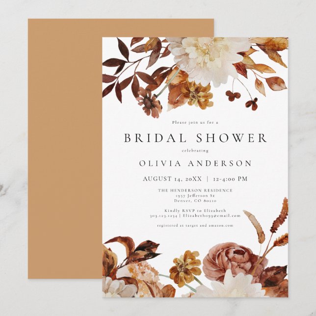 Bohemian Burnt Orange Fall Floral Bridal Shower Invitation (Front/Back)