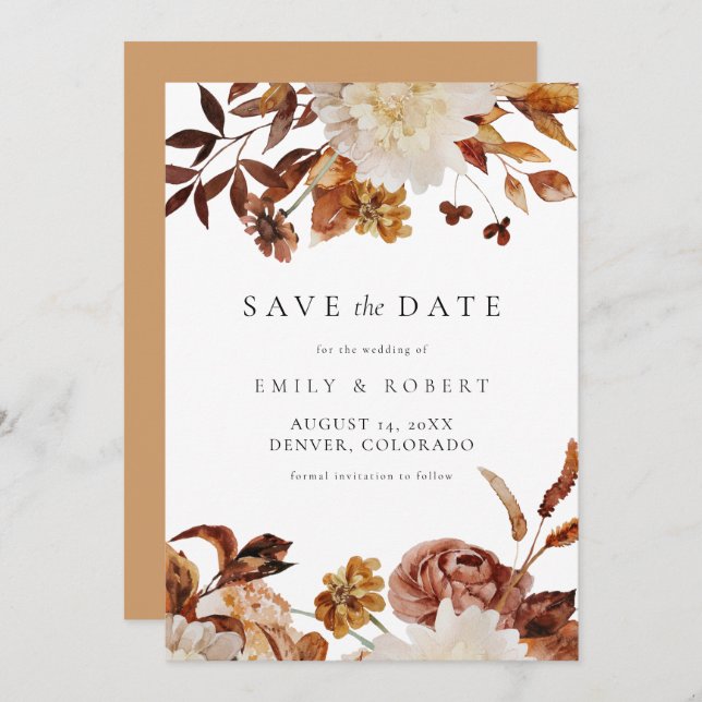 Bohemian Burnt Orange Fall Floral Save the Date Invitation (Front/Back)