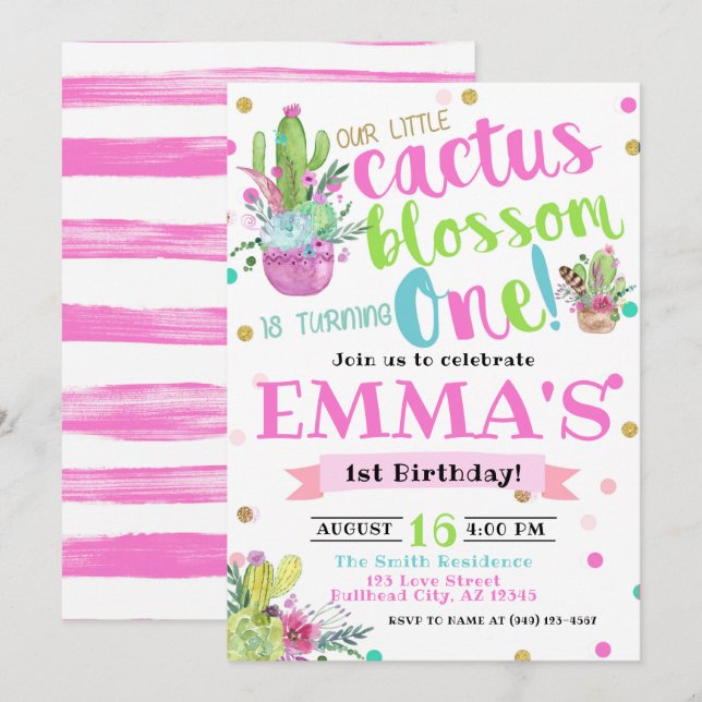 Bohemian Cactus Blossom One 1st Birthday Invitation (Front/Back)