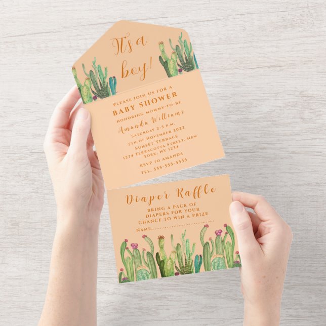 Bohemian Cactus Desert Baby Shower Boy Earth Tone All In One Invitation (Tearaway)