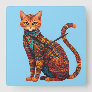 Bohemian Cat Art Colourful Tribal Cat Square Wall Clock