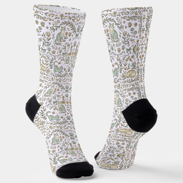 Bohemian Cat Garden Seamless Pattern Crew Socks (Angled)