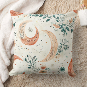 Bohemian Celestial Crescent Moon Botanical Cushion