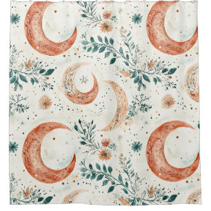 Bohemian Celestial Crescent Moon Botanical Shower Curtain