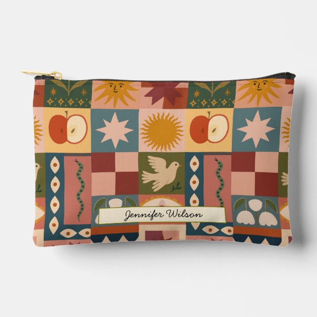 Bohemian Celestial Patchwork with Mystical Symbols Accessory Pouch (Front)