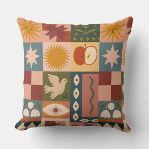 Bohemian Celestial Patchwork with Mystical Symbols Cushion