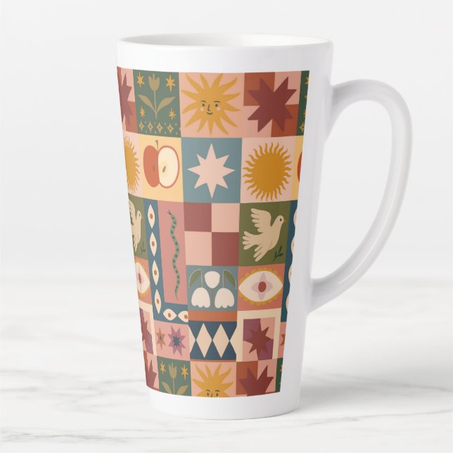 Bohemian Celestial Patchwork with Mystical Symbols Latte Mug (Right)