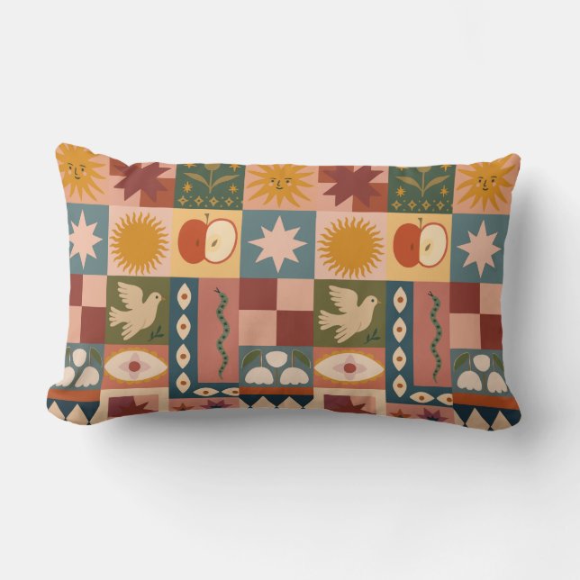 Bohemian Celestial Patchwork with Mystical Symbols Lumbar Cushion (Front)
