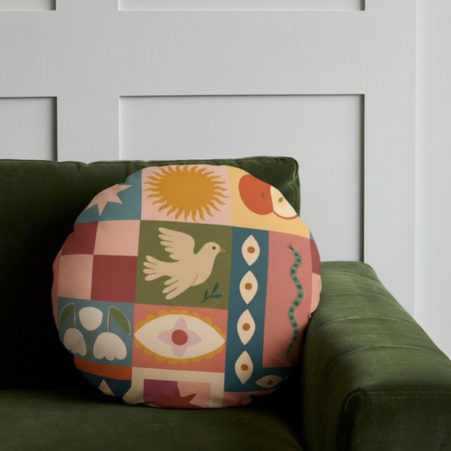 Bohemian Celestial Patchwork with Mystical Symbols Round Cushion (Creator Uploaded)