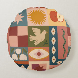 Bohemian Celestial Patchwork with Mystical Symbols Round Cushion