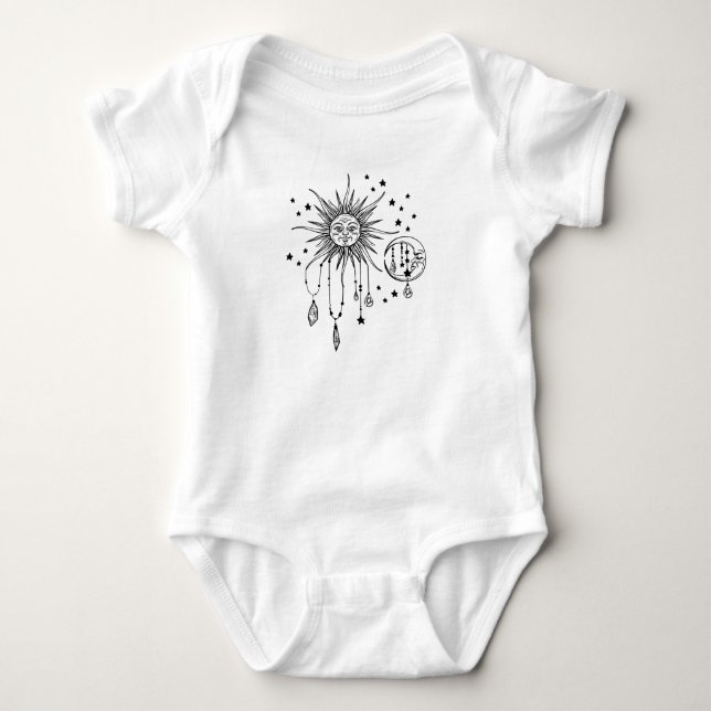 Bohemian Celestial Sun and Stars Illustration Baby Bodysuit (Front)