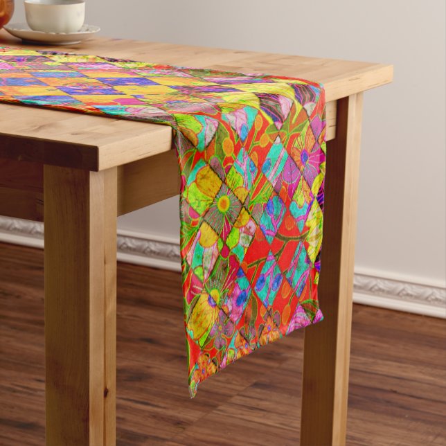 Bohemian chequered floral short table runner (In Situ)