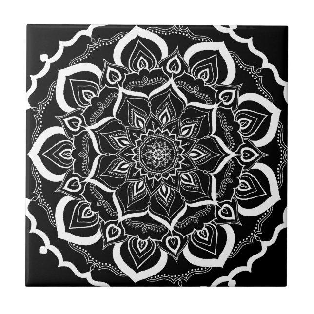 Bohemian Chic Black Henna Mehendi Mandala Pattern Ceramic Tile (Front)