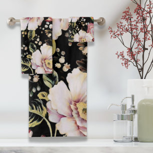 bohemian chic blush pink flowers dark floral bath towel set