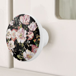 bohemian chic blush pink flowers dark floral ceramic knob