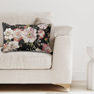 bohemian chic blush pink flowers dark floral lumbar cushion