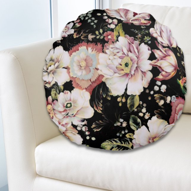 bohemian chic blush pink flowers dark floral round cushion (bohemian chic blush pink flowers dark floral round pillow)