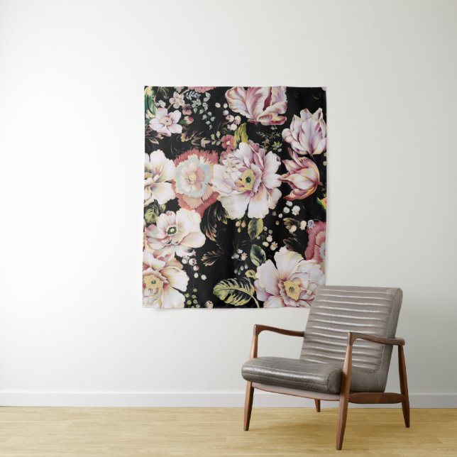 bohemian chic blush pink flowers dark floral tapestry (In Situ)