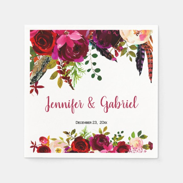 Bohemian Chic Burgundy Marsala Floral Wedding Napkin (Front)
