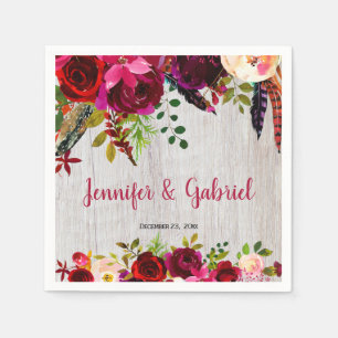 Bohemian Chic Burgundy Marsala Floral Wood Wedding Napkin