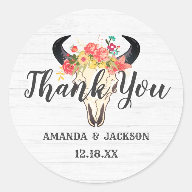 Bohemian Chic Cow Skull Floral Wedding Thank You Classic Round Sticker (Front)