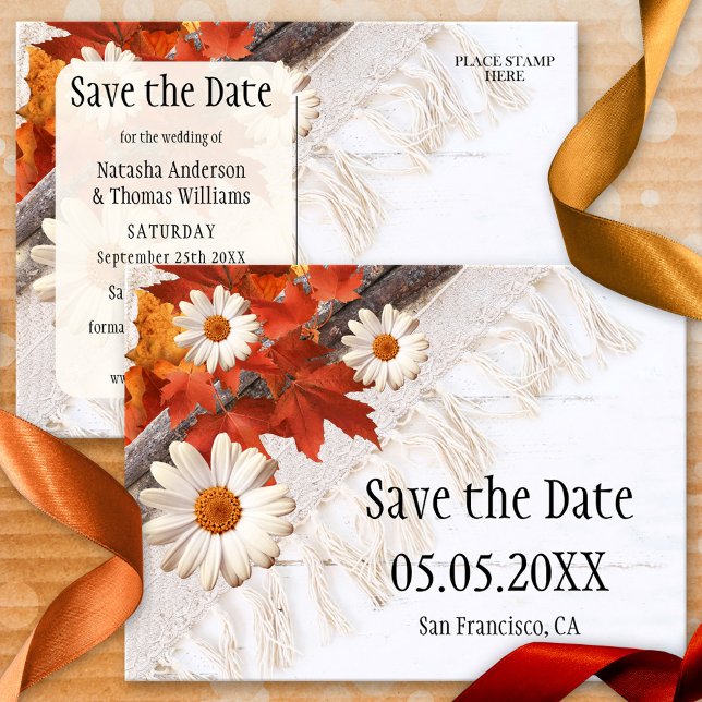 Bohemian Chic Fall Save the Date Postcard (Save the Date postcard featuring colorful autumn leaves with daisy flowers on lace and rustic ivory)