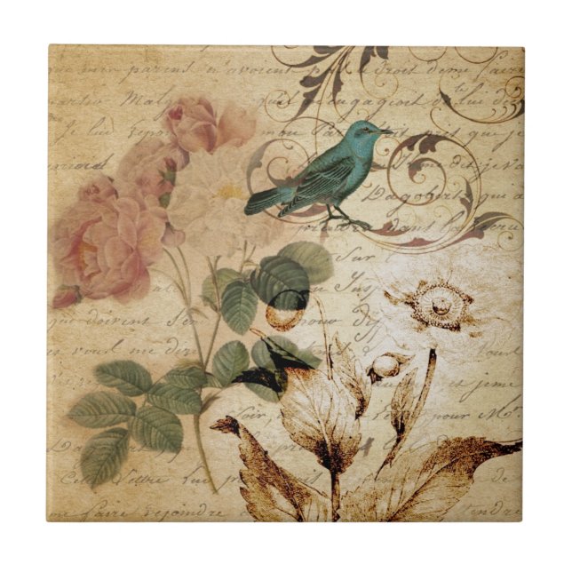 Bohemian chic  Paris Scripts bird french botanical Ceramic Tile (Front)