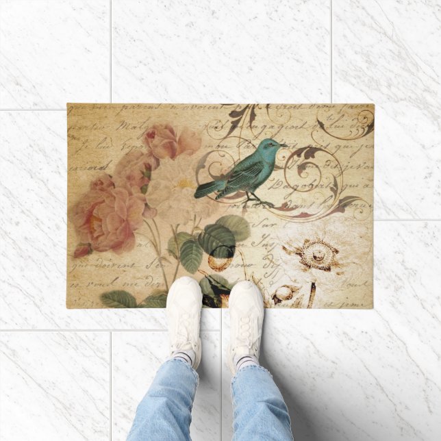 Bohemian chic  Paris Scripts bird french botanical Doormat (Indoor)