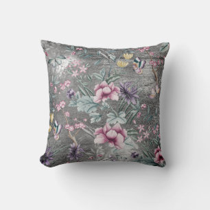 Bohemian Chinoiserie Teal Butterfly Grey Grungy Cushion
