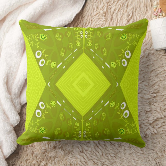 Bohemian Chintz Illustration Green Olive Avocado Cushion (Blanket)