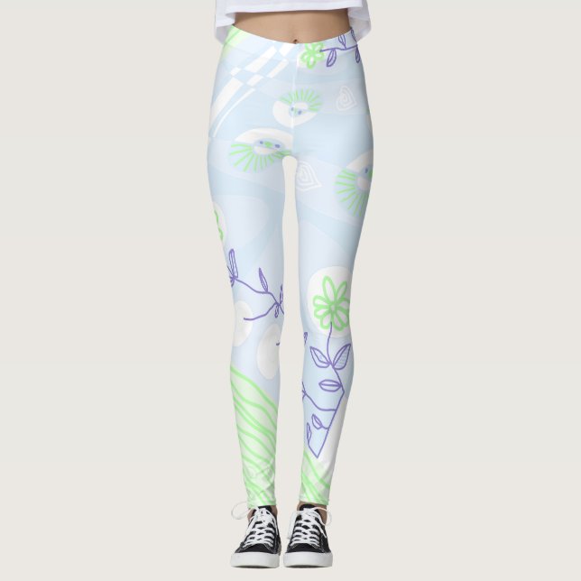 Bohemian Chintz Illustration Pastel Blue Green Leggings (Front)