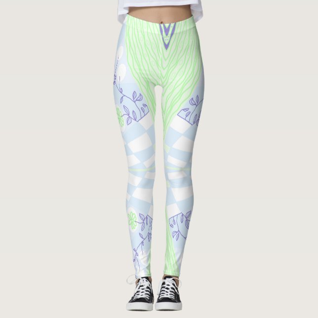 Bohemian Chintz Illustration Pastel Blue Green Leggings (Front)