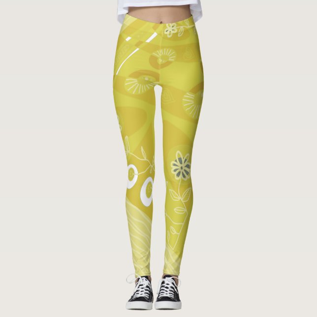 Bohemian Chintz Illustration Pear Green Yellow Leggings (Front)