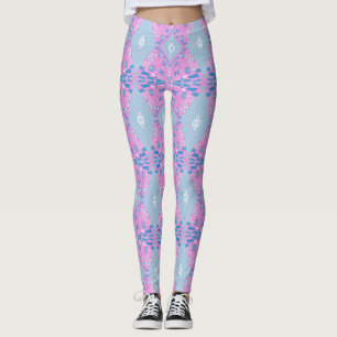 Bohemian Chintz Illustration Pink Blue White 4 Leggings