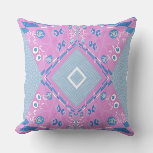 Bohemian Chintz Illustration Pink Blue White  Cushion (Front)