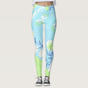 Bohemian Chintz Illustration Sky Blue Green Leggings