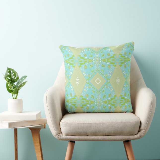 Bohemian Chintz Illustration Turquoise Green Ecru Cushion (Chair)