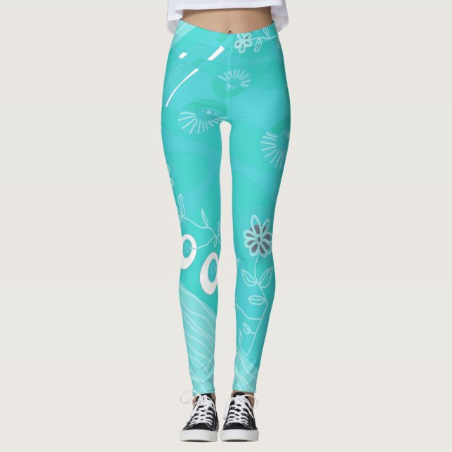 Bohemian Chintz Illustration Turquoise Leggings (Front)