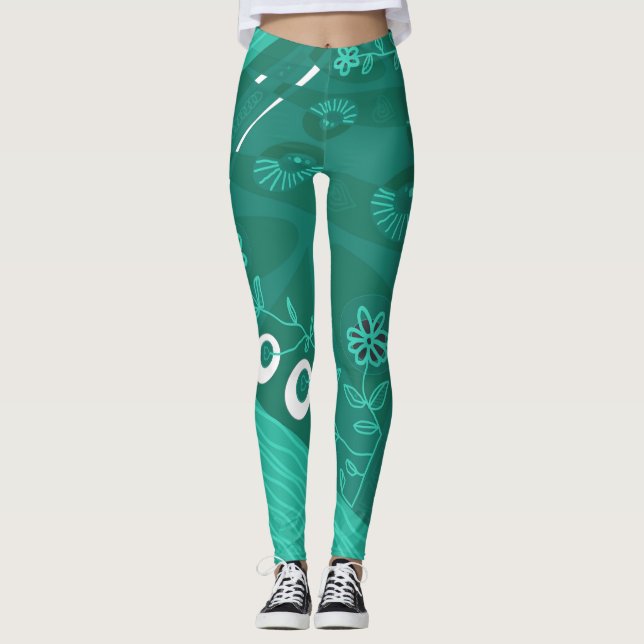 Bohemian Chintz Illustration Verdant Green Blue Leggings (Front)