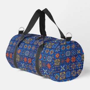 Bohemian Cobalt Blue Folk Art Geometric Motifs Duffle Bag