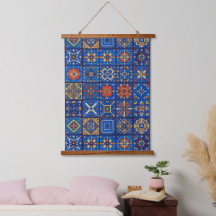Bohemian Cobalt Blue Folk Art Geometric Motifs Hanging Tapestry