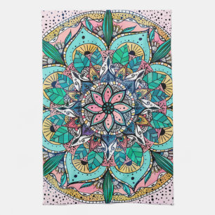 Bohemian Colorful Watercolor Floral Mandala Tea Towel